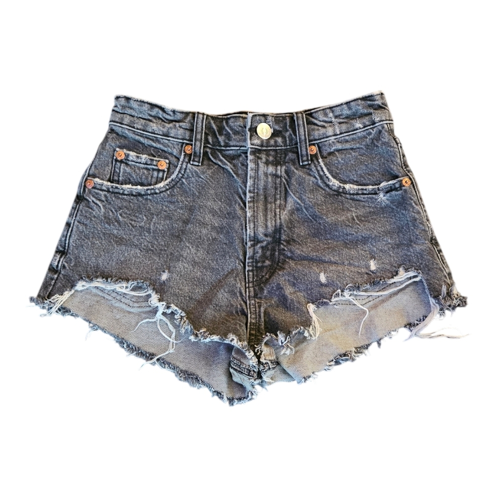Zara Denim Black Distressed Shorts Frayed Hem Size 2